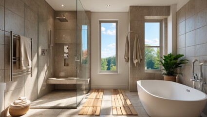 Modern sunlit bathroom featuring walk in shower