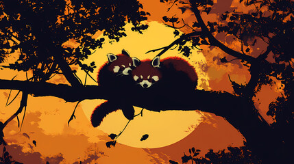 Silhouette of endangered red pandas cuddled in treetop hideaway. Treetop. Illustration