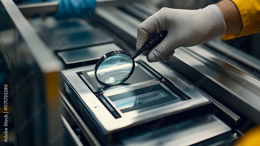 Poster close-up of gloved hands using a magnifying glass to inspect small, rectangular components on a slee
