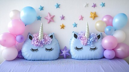 Two pastel blue unicorn pillows with pastel balloons and stars on a purple sheet against a white wall.