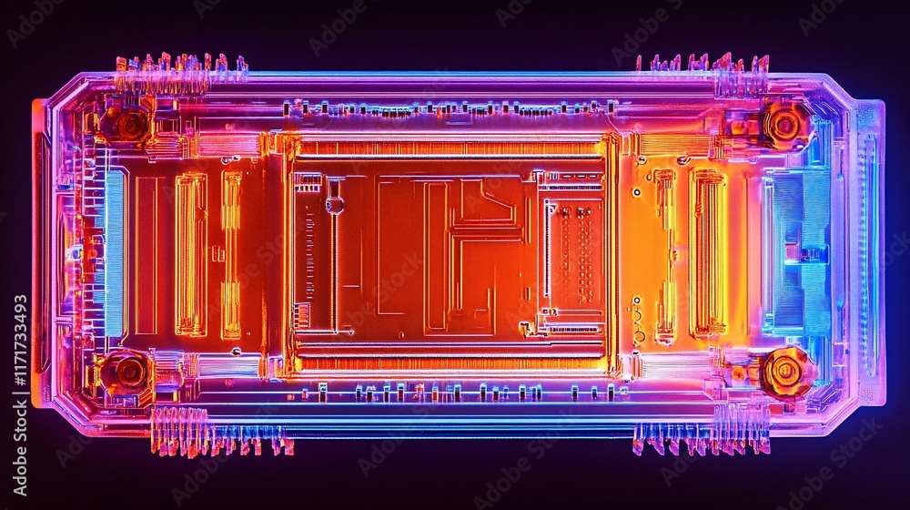 Aufkleber top-down view of a vibrant, translucent circuit board with intricate details and neon lighting.