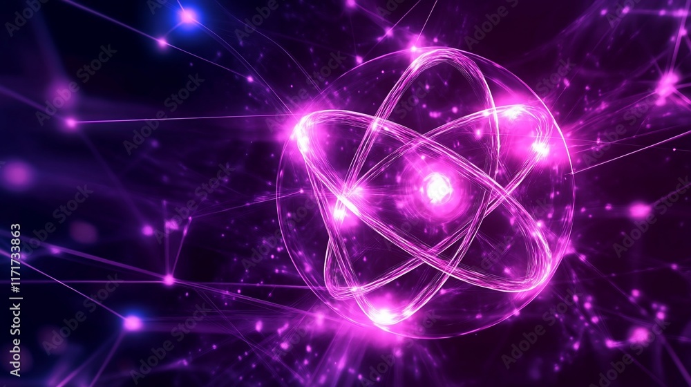 Poster abstract glowing atom model with energy flow, representing science, technology, and innovation.