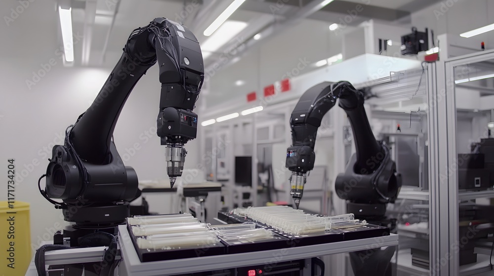 Poster two robotic arms precisely manipulate samples on a conveyor belt in a modern, clean laboratory setti