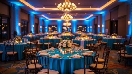 Nighttime wedding celebration in elegant hotel ballroom