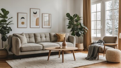 Nordic living room with upholstered sofa and coffee table