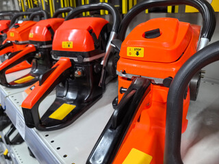 Exploring the vibrant array of chainsaws in a home improvement store display