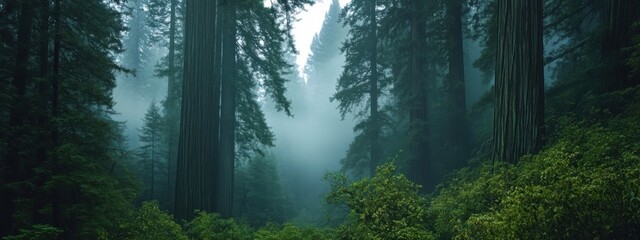 Obraz premium A moody shot of a dense fog rolling through an ancient redwood forest, Redwood forest scene, Atmospheric style