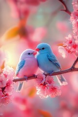 Obraz premium Two vibrant blue and pink birds nestled together among blooming cherry blossoms in springtime