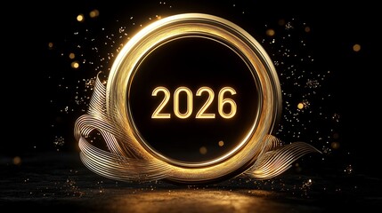 Golden 2026 numbers enclosed in a circular frame with shimmering sparkles, a luxurious and festive new year 2026 celebration design for greeting cards