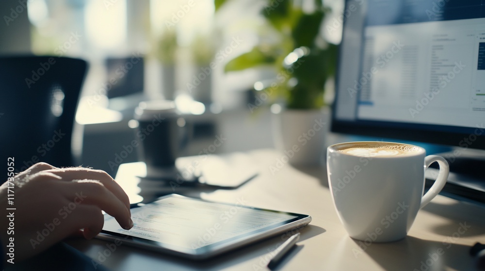 Fototapete Man using tablet at desk, coffee and computer in background.