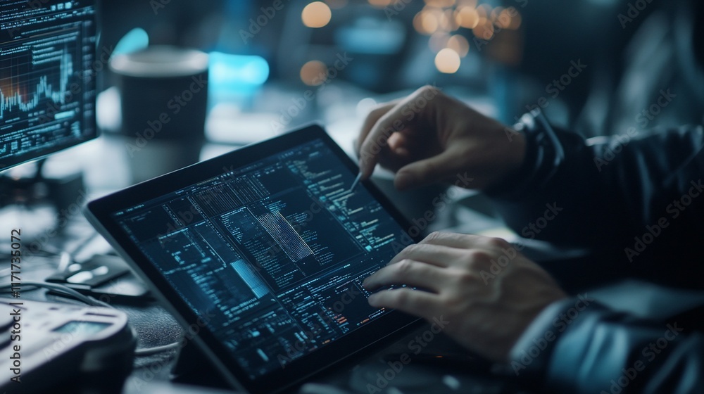 Fototapete Close-up of hands using a tablet displaying data graphs and code.