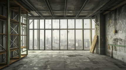 Industrial building under renovation with panoramic city view through large glass windows