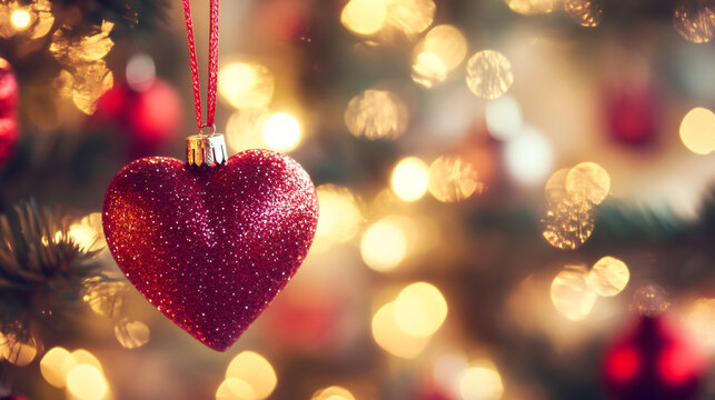 Sparkling red heart-shaped ornament dangling from festive evergreen branch, soft holiday lights twinkling in background