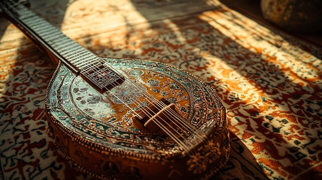 Ornate Stringed Instrument Rests On Richly Patterned Rug