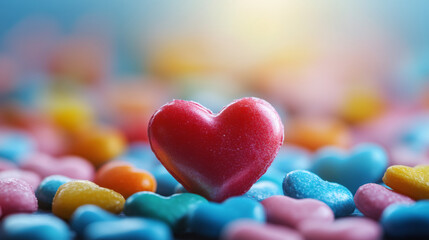 Obraz premium Prominent red heart-shaped candy resting amid pastel-colored Valentine's Day conversation hearts