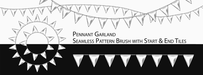 Pattern seamless brush with festive garland with triangular pennants. Triangular flags on string. Black and white design element.