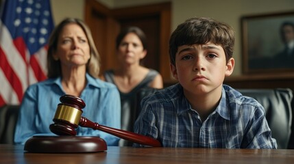 Cute child and mother at table with gavel of judge blurred in background, family law concept
