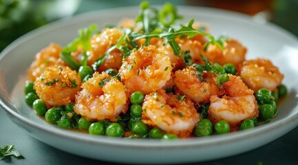 Savory shrimp dish with green peas and fresh herbs on a decorative plate