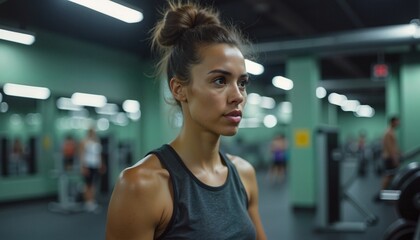 Fototapeta premium Disturbed Woman Facing Anosmia, Struggling with Foul Odor During Public Gym Workout Under Ceiling Light.