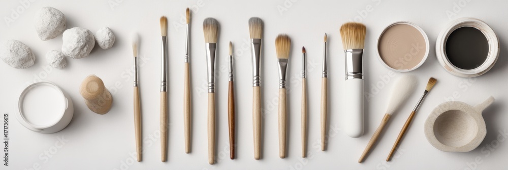 Poster essentials of iconography laid out for artistic creation in a serene workspace
