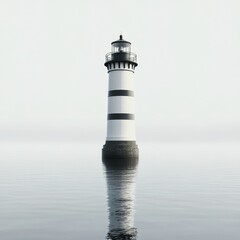 Lighthouse stands alone in foggy waters reflecting serenity and solitude at dawn