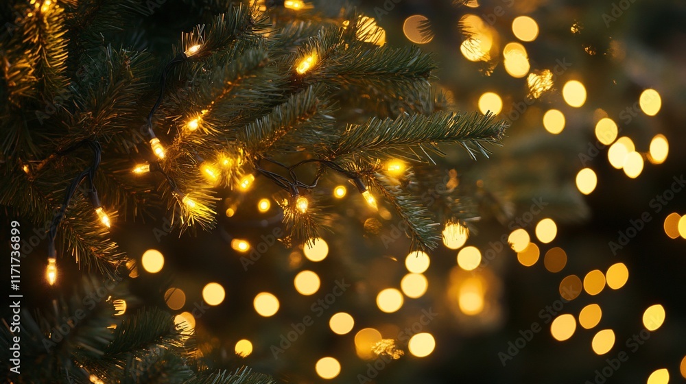 Poster Close-up of illuminated evergreen branches with warm-toned bokeh lights.