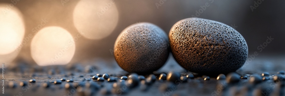 Aufkleber Two textured stones rest on dark surface with bokeh background.