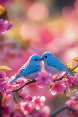Obraz premium Two vibrant blue and pink birds nestled together among blooming cherry blossoms in springtime