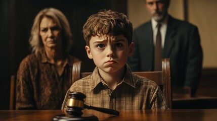 Cute child and mother at table with gavel of judge blurred in background, family law concept