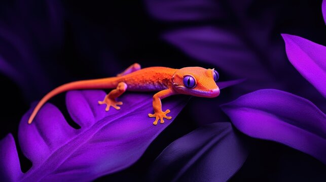 tropical fauna and flora, a geckos bright orange tail stands out amidst neon purple monstera leaves, capturing the vibrant beauty of tropical wildlife