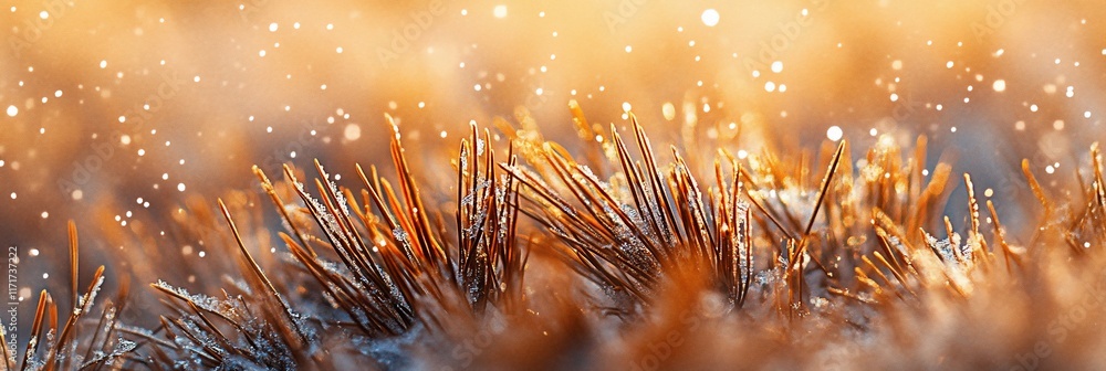 Aufkleber close-up of frost-covered grass blades in sunlight, showing water droplets and bokeh effect.