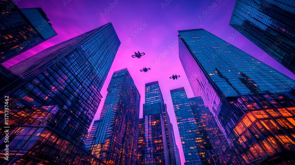 Poster low angle view of skyscrapers at dusk, with drones flying overhead.