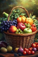 Colorful baskets filled with fresh fruits and vegetables showcasing natural vitamins, nutrients, and freshness in a vibrant display of healthy produce