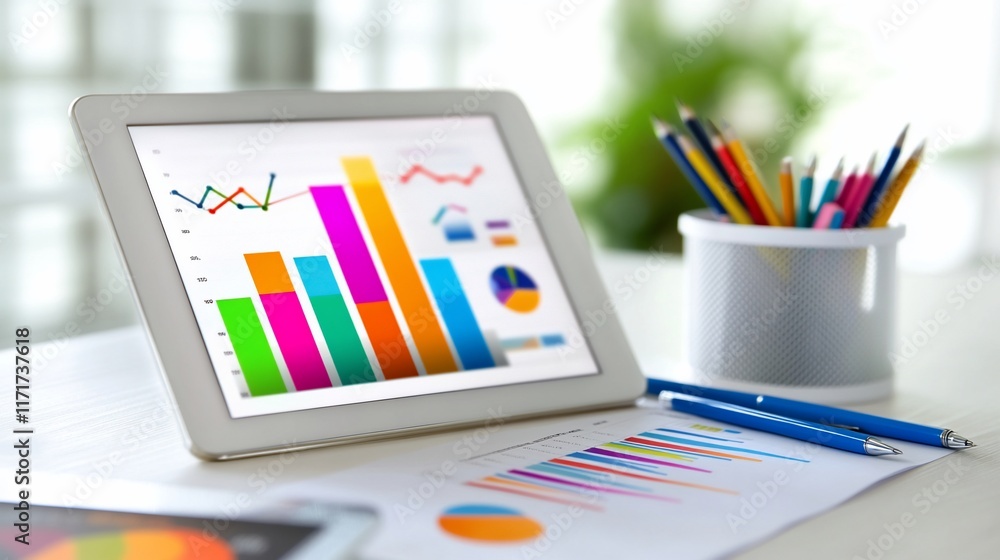 Poster Tablet displaying colorful graphs and charts on a desk with pencils and papers.