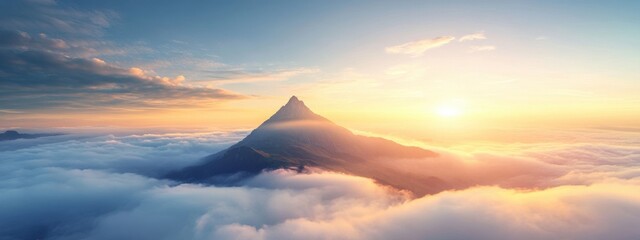 A mystical image of a remote mountain peak piercing through a sea of clouds at sunrise, Mountain scene, Ethereal style
