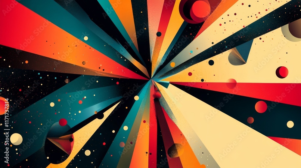 Poster abstract burst of colorful rays and geometric shapes.