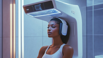 Robotic hairdresser in a beauty salon of the future, a dark-skinned woman sits under a square high-tech &ldquo;cap&rdquo; with interactive screens, the robot hairdresser automatically selects the ideal haircut
