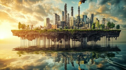 Fototapeta premium Floating city, industrial complex, sunset reflection.