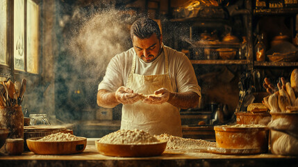 The image depicts a baker in a rustic kitchen, surrounded by flour and various baking tools