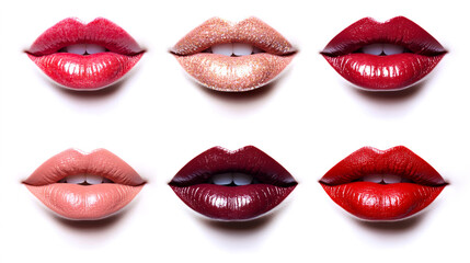 Obraz premium Lipstick palette showcasing vibrant red, pink, and nude hues painting sensual female lips, epitomizing romantic Valentine's beauty