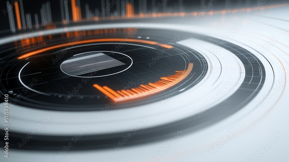 Poster Abstract digital interface with glowing orange and white concentric circles, data visualization, futuristic technology.