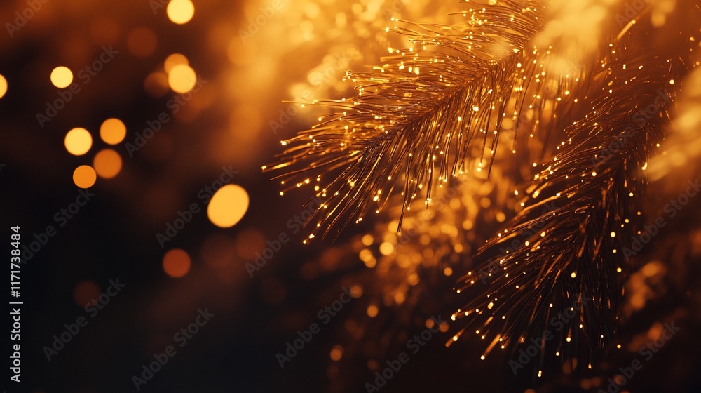 Aufkleber close-up of golden pine branches with bokeh lights.