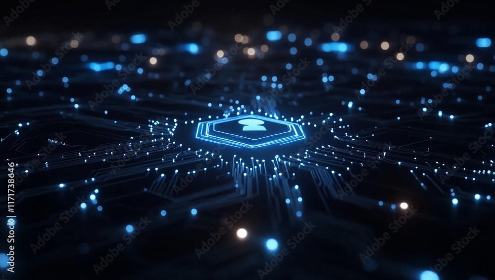 Poster Abstract glowing blue circuit board with central hexagon and data points.