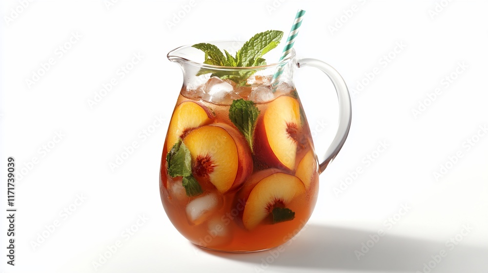 Poster refreshing iced tea with peach slices and mint in a glass pitcher.