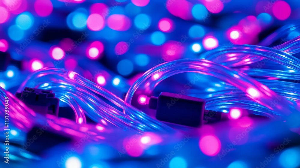 Leinwandbilder Abstract close-up of vibrant pink and blue LED light strings, creating a colorful and dynamic pattern.
