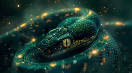 Fototapeta premium Close-up of a glowing green snake, symbolizing the Year of the Snake in the Chinese zodiac. Detailed scales and a glowing eye add a futuristic, mystical atmosphere.