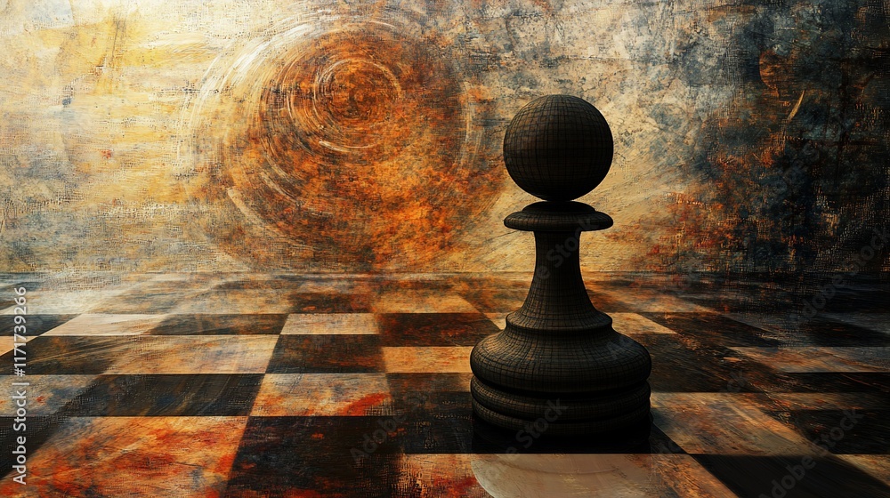 Poster single black pawn on a textured chessboard against an abstract background.