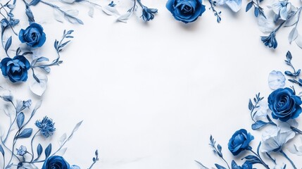 Blue flowers border frame on a white background with copy space for text.