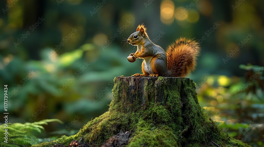 Poster red squirrel sitting on moss-covered tree stump holding nut in forest.