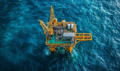 Offshore platform sits atop blue ocean waves.